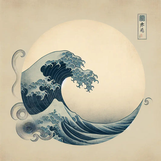 A minimalist stylized wave inspired by Hokusai's Great Wave in muted indigo and beige tones, balanced and serene with delicate water motifs symbolizing cultural depth.