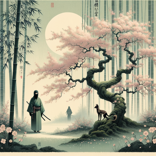 Ein minimalistisches Gemälde mit traditionell japanischen Kirschblüten, kitsune Motiven und einem stillen Ninja in traditioneller Kleidung, ruhige und elegante Atmosphäre.