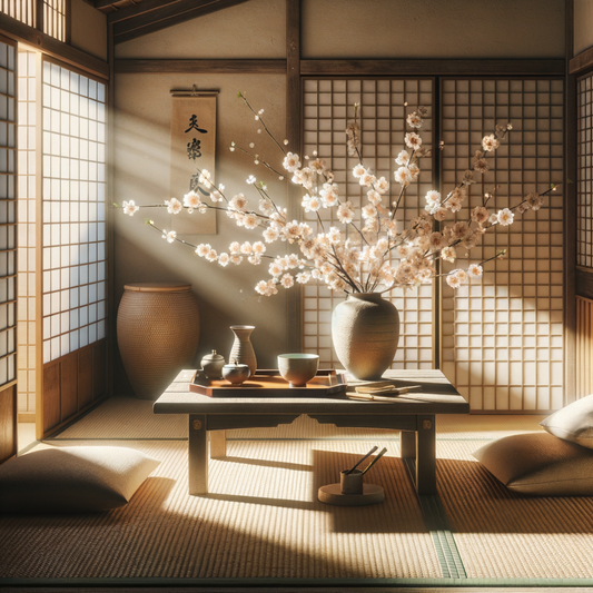 Ein ruhiges japanisches Zimmer mit sanftem Sonnenlicht, einem niedrigen Holztisch mit einem minimalistischen Teeservice und einem Kirschblütenzweig in einer Vase, strahlt eine zeitlose, kontemplative Atmosphäre aus.