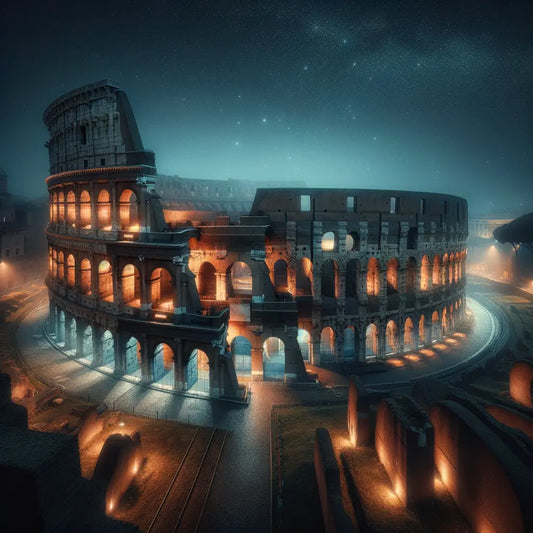 Night view of the Colosseum illuminated under soft lights with mystical shadows and a serene atmosphere, inspired by 1960s historical film epics.