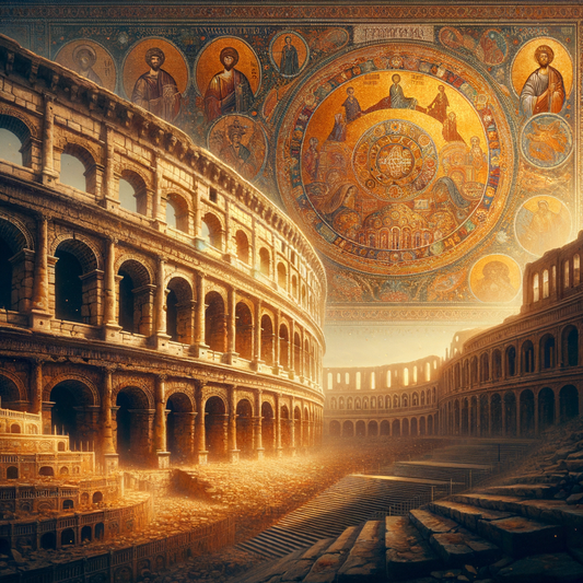 The Roman Colosseum standing majestically with Byzantine mosaics in the background, symbolizing the enduring legacy of the Roman era in a cinematic style reminiscent of 1960s historical films.