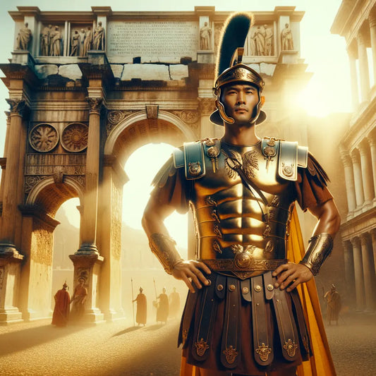 Roman soldier in full armor standing proudly under the Mediterranean sun, with ancient Roman architecture in the background, in the style of 1960s historical epics.