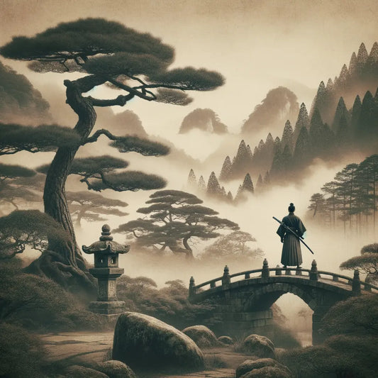 Ein einsamer Samurai steht ruhig auf einer Steinbrücke in einer nebligen und friedlichen Landschaft, umgeben von alten Kiefern und fernen, im Nebel verhüllten Bergen — minimalistisch, kontemplativ und kulturell inspiriert.