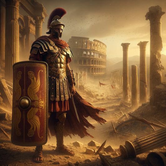 Roman legionnaire standing on a battlefield amid ruins, holding a shield, captured in the style of 1960s historical epic films.