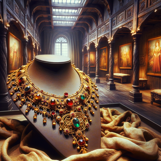 Germanic Frankish jewelry with intricate gold designs and gemstones, inspired by historical epic style of 1960s films.