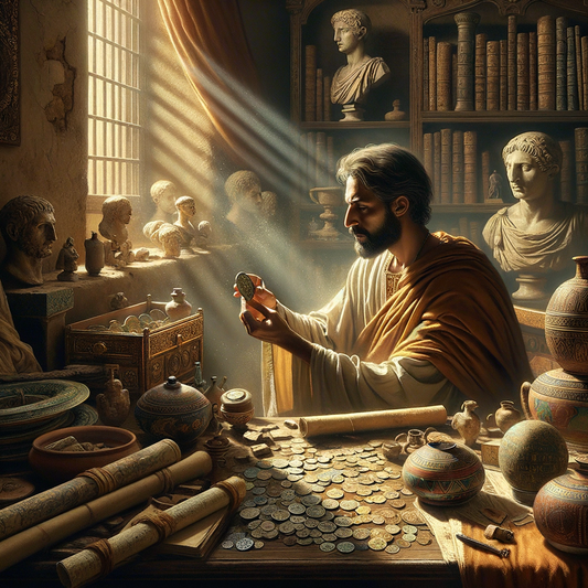 A person in a toga examines an ancient Roman coin amid artifacts and books, capturing a scene of historical exploration in the style of a 1960s epic film.