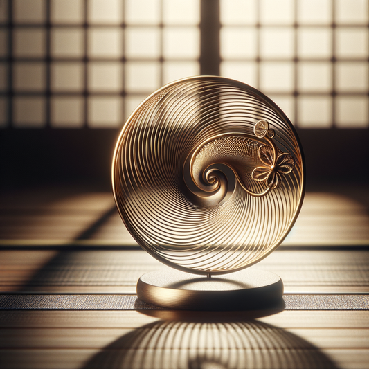 Ein minimalistisches Bild eines traditionellen japanischen Schmuckstücks mit einem spiraligen Muster, das die Essenz von 'Uzumaki' einfängt, auf einem dunklen Holzuntergrund in sanftem Licht.