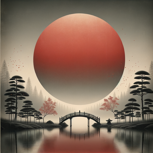 Ein minimalistisches japanisches Landschaftsbild mit roter untergehender Sonne, ruhiger Teich und Holzbrücke, inspiriert von 'Grave of the Fireflies.'