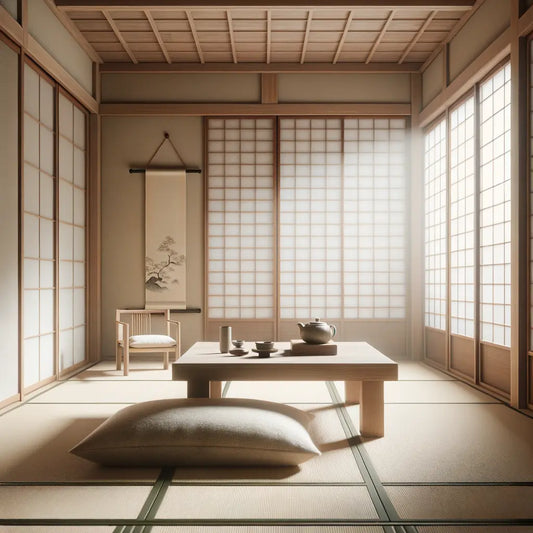 Ein ruhiger, minimalistischer Raum im traditionellen japanischen Stil mit einem niedrigen Holztisch für eine Teesitzung, umgeben von weichem Licht durch Shoji-Bildschirme — einladend, friedlich und kulturell inspiriert.