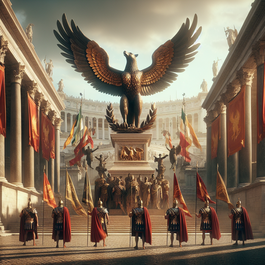 Artistic cinematic painting of Imperial Roman symbols including the eagle, laurel wreath, Roman standards, and Capitoline Wolf statue under warm sunlight in a historic Roman setting.