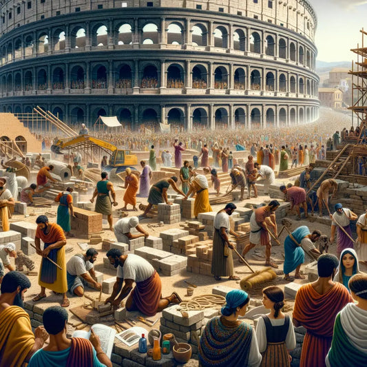 A busy construction site of the Colosseum, with Roman workers and spectators in a detailed illustration.
