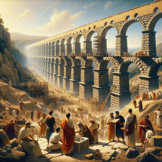 Roman engineers overseeing the construction of a massive aqueduct, captured in the style of a 1960s historical epic painting.