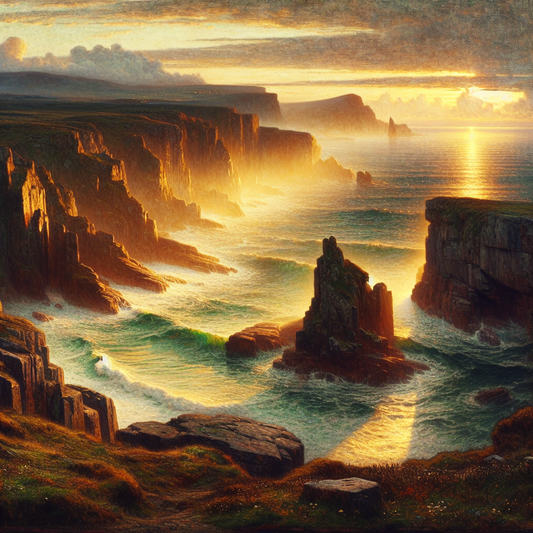 A warm dawn lights a rugged Irish coastline with rocky shores and shimmering waves, evoking the serene and mystical presence of the Celtic goddess Clíodhna in a painterly historical epic style.