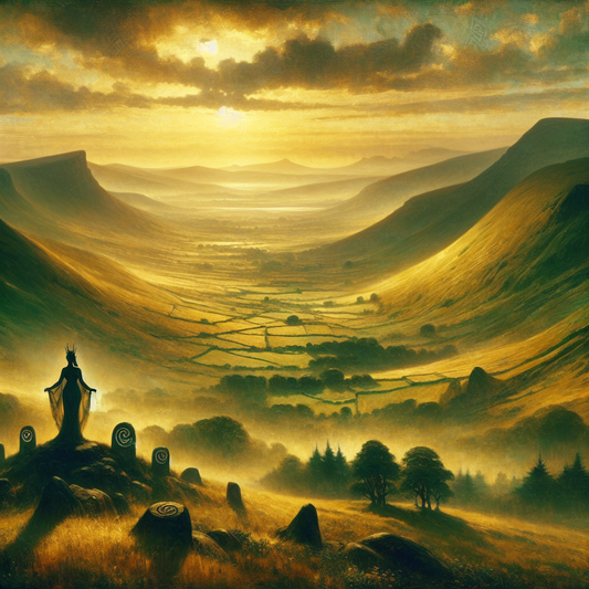 A panoramic view of lush green Irish hills with misty skies, featuring the silhouette of a female Celtic goddess and ancient symbols blending into the landscape, painted in a cinematic, historical epic style.