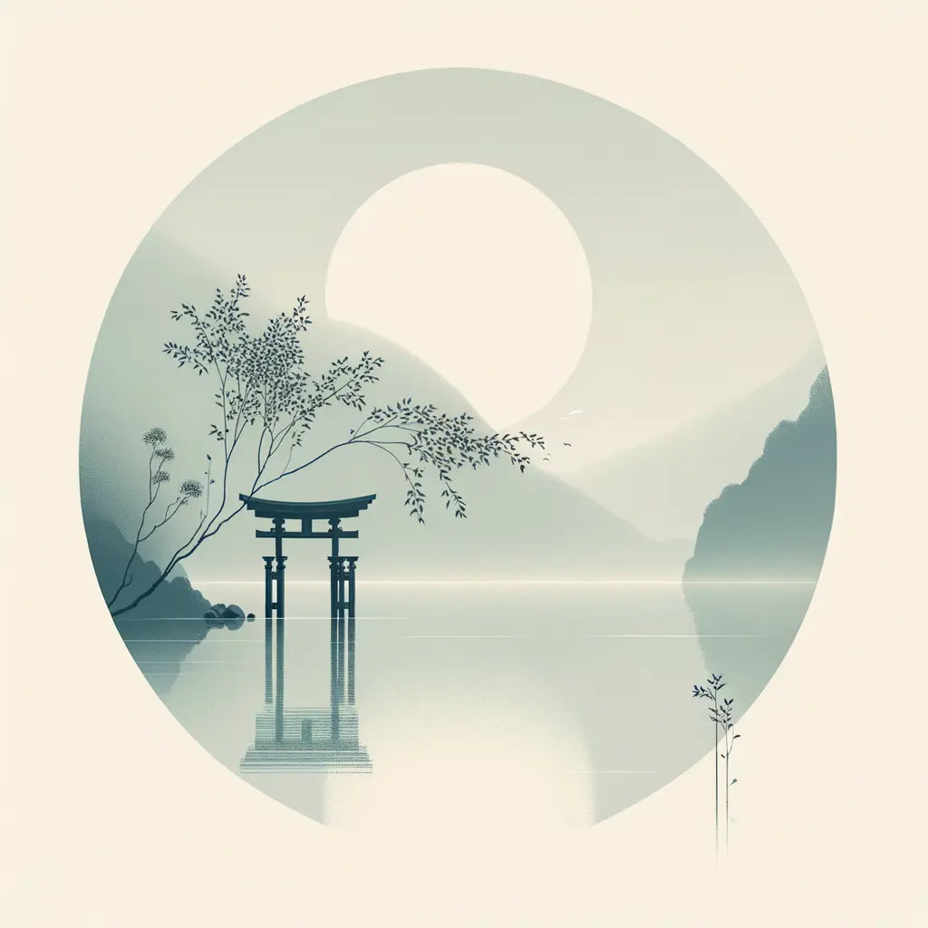 Ein einfacher Torii-Tor im Morgendunst an einem ruhigen See, inspiriert von traditioneller japanischer Kunst, mit einer sanften und ruhigen Atmosphäre.