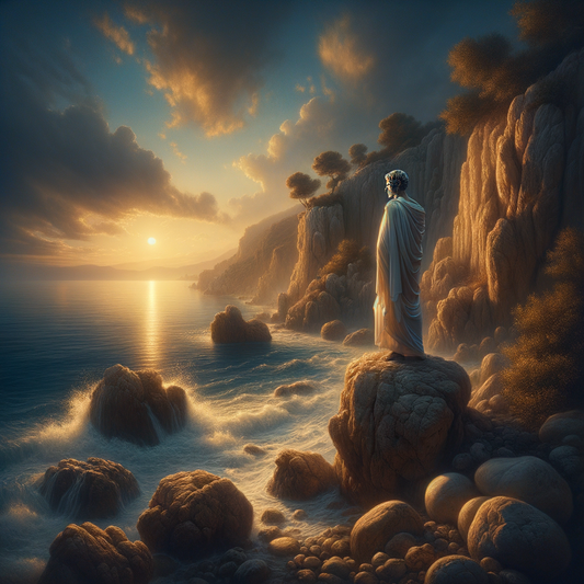 A Roman philosopher in white robes stands by a serene sea at twilight, symbolizing Stoic calm, inspired by 1960s historical film style.