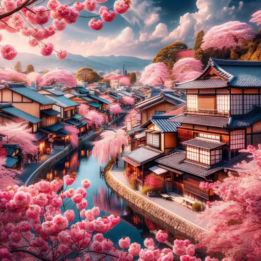 A serene view of cherry blossom trees in full bloom, framing a traditional Japanese temple.