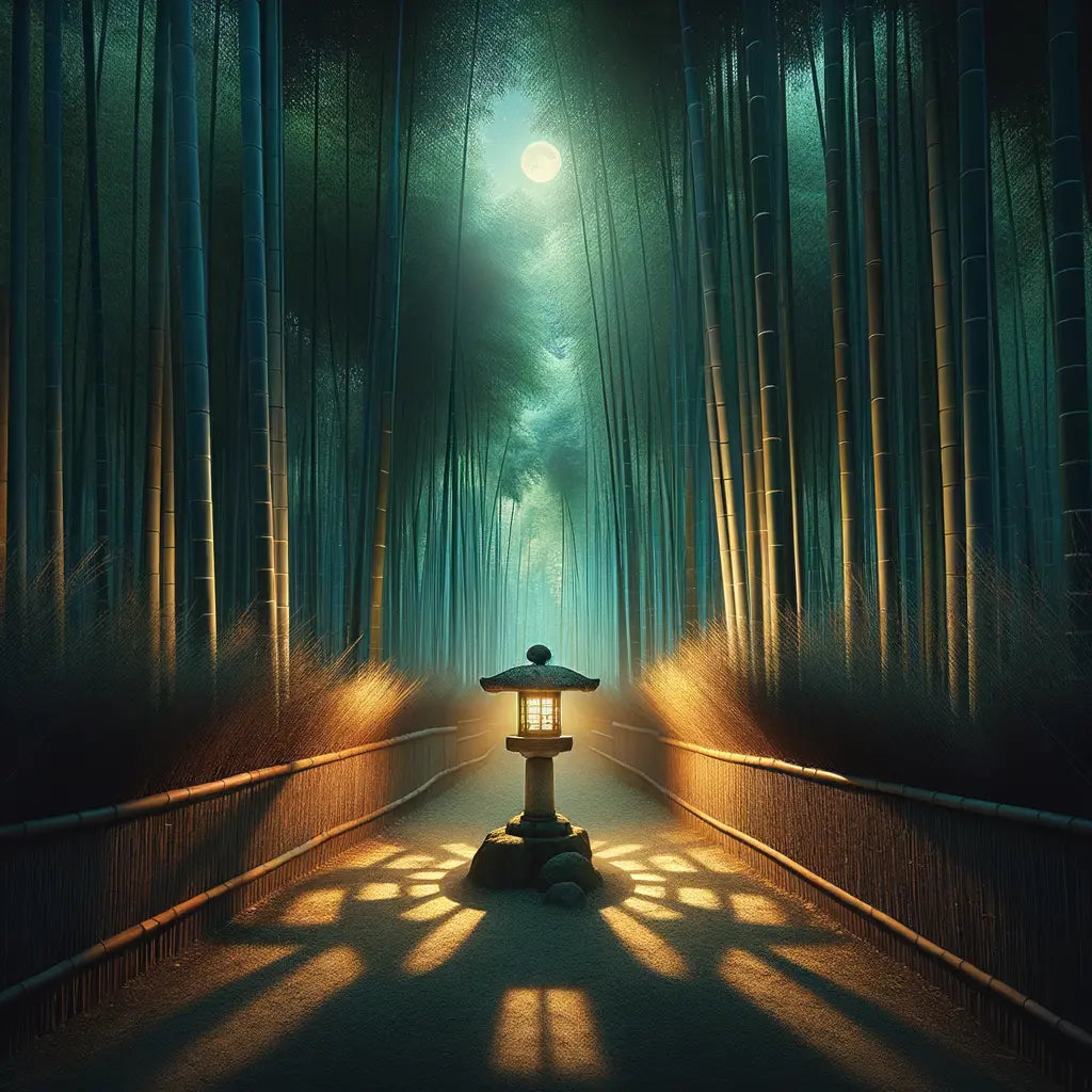 A tranquil bamboo forest with a glowing stone lantern at dusk.
