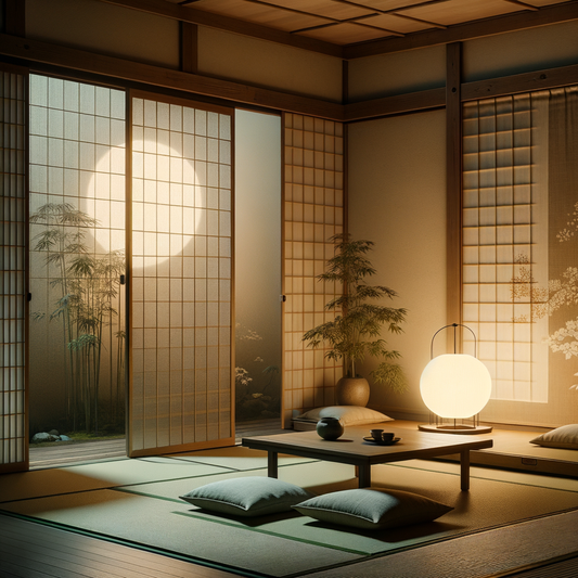 Ein minimalistisches, japanisch inspiriertes Zimmer mit Tatami-Matten und einem sanft leuchtenden Papierlaternenlicht, zeigt eine stille, traditionsreiche Atmosphäre ohne moderne Technologie.