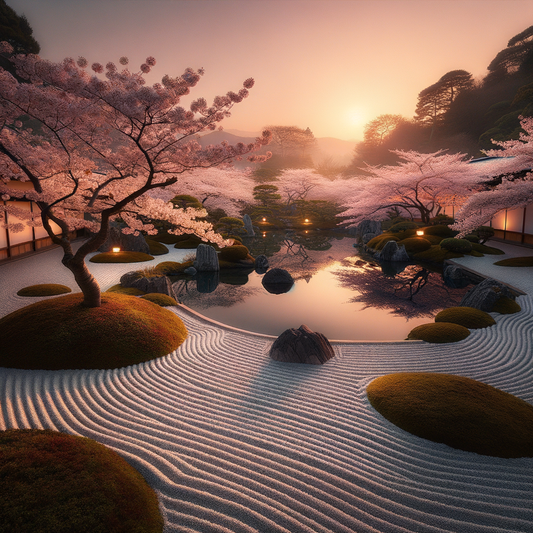 A peaceful Zen garden featuring cherry blossoms and a koi pond at dawn.