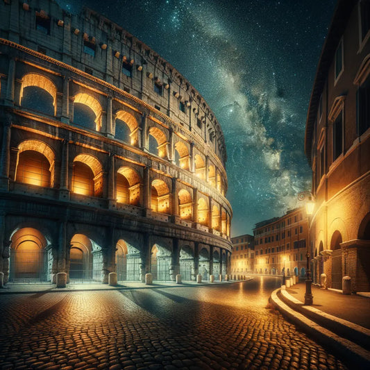 The Colosseum at night, glowing under the stars, surrounded by the cobblestone streets of Rome, in a style reminiscent of 1960s historical epic films.
