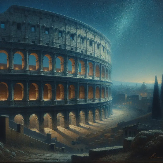 A cinematic night view of the Colosseum illuminated under a starry sky, resembling a scene from a 1960s historical epic film.