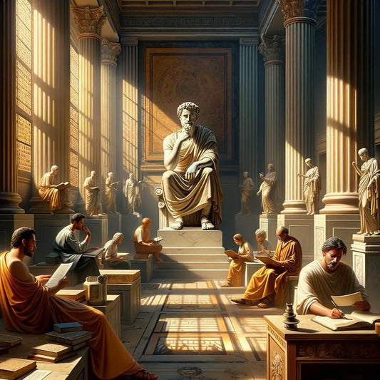 A modern businessman in a suit contemplating beside a statue of Marcus Aurelius, with Roman philosophers and architecture in the background, depicted in a cinematic style reminiscent of 1960s historical films.