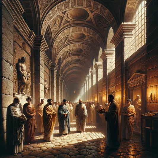 Interior view of Mamertine Prison with Roman figures, stone aisles, and soft historical lighting in the style of 1960s epics.