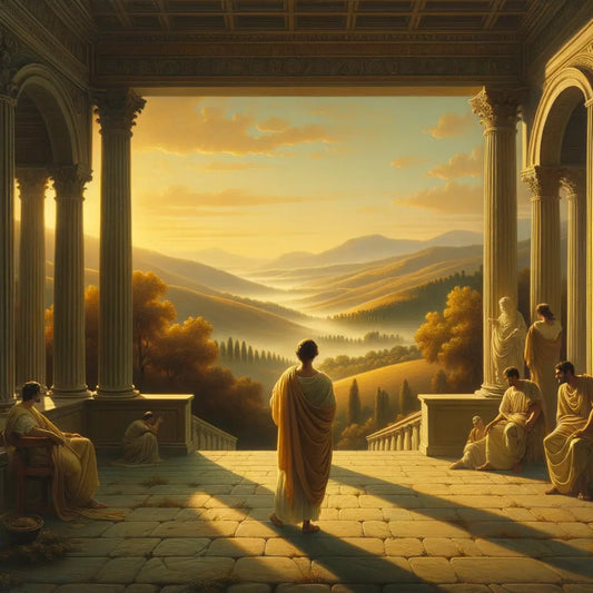 A philosopher in a toga stands on a terrace overlooking a tranquil Roman landscape, symbolizing Stoic peace and wisdom, in a style inspired by 1960s historical films.