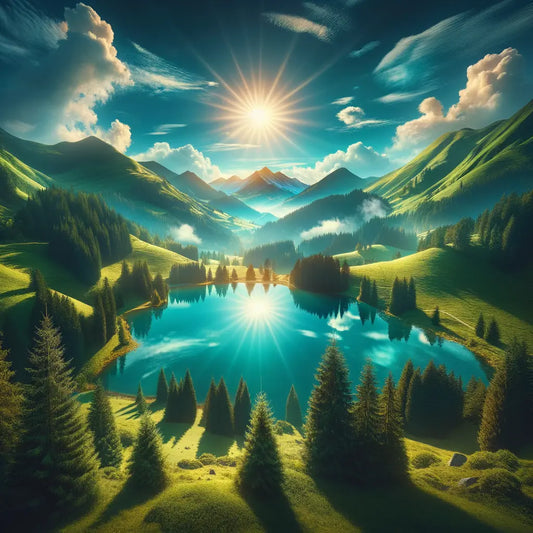 A peaceful lake bordered by green mountains, conveying a sense of calmness.