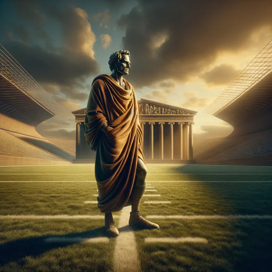 Tom Brady stands contemplatively on a football field, symbolizing the intersection of sports and philosophy with a cinematic, epic style.