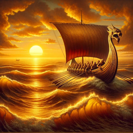 Viking longship sailing into the sunset with golden ocean hues, reminiscent of 1960s historical epics.