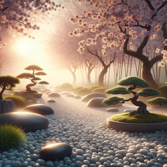 A tranquil view of a traditional Zen garden at sunrise, highlighting Japanese cultural elements.