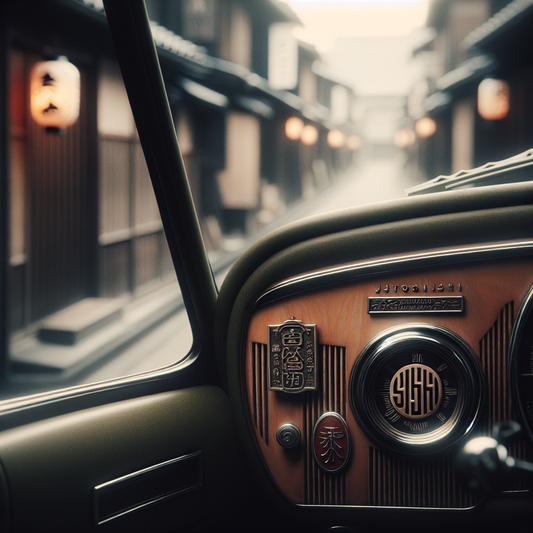 Close-up of a classic Japanese car dashboard featuring authentic JDM badges and Shoshinsha marks, set against a softly rendered Tokyo street background, embodying traditional Japanese automotive culture with minimalist elegance.