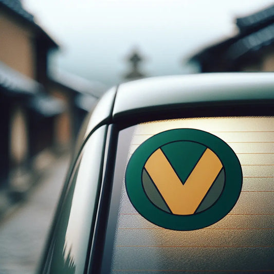 Close-up of a Japanese car rear window displaying the green and yellow V-shaped Shoshinsha beginner driver mark, set against a soft urban backdrop with minimalist, calm aesthetics.