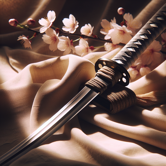 A crafted Japanese katana sword resting gracefully on a traditional silk cloth with soft-focus sakura blossoms in the background, bathed in warm, natural light - minimalist and serene.