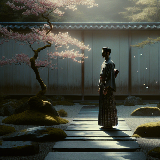 An elegant Japanese man in a traditional kimono with naga-juban layer, standing in a serene garden surrounded by soft-focus cherry blossoms, embodying cultural tradition and calm.