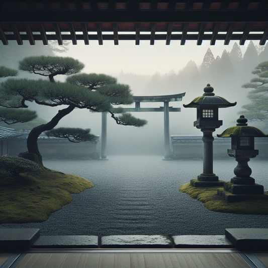 Two traditional Japanese stone lanterns facing each other across a raked gravel courtyard shrouded in mist, evoking a quiet and balanced showdown in a serene natural setting.
