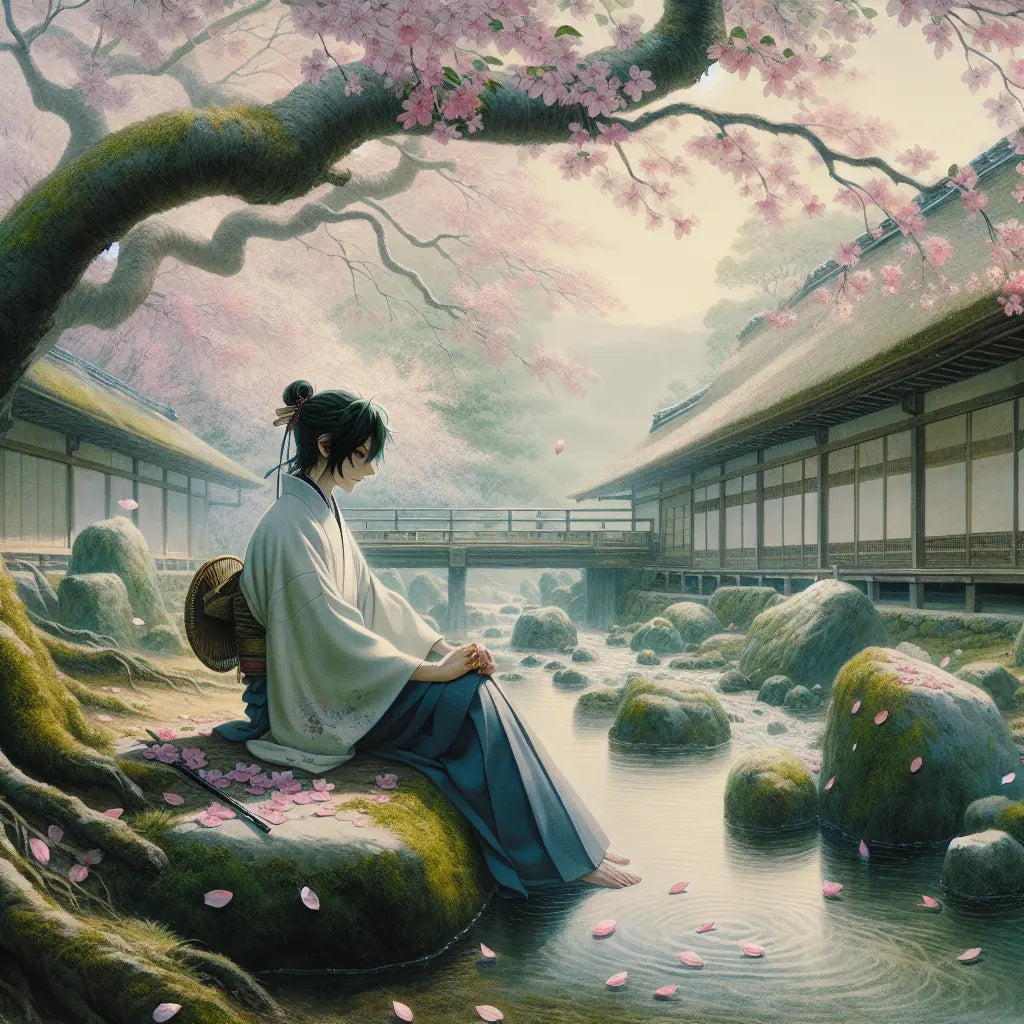 A serene young hero in traditional kimono beside a flowing stream under sakura blossoms, inspired by Japanese manga shounen themes but portrayed in a minimalist, traditional Japanese style with soft natural light and subtle colors.