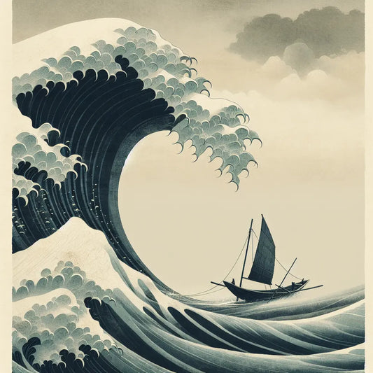 A minimalist traditional Japanese painting of a solitary wooden fishing boat riding a large stylized wave beneath a muted, cloudy sky, evoking peaceful strength and classic Edo period aesthetics.