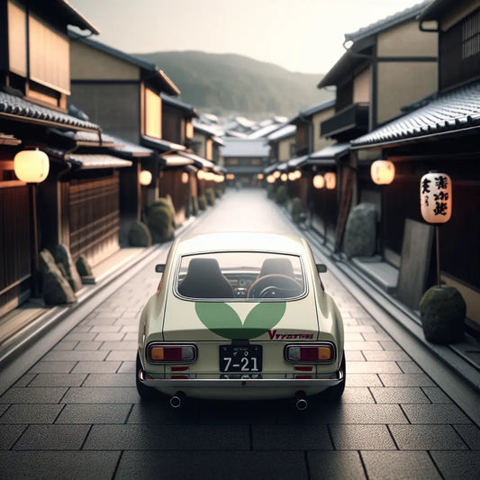 A minimalist, calm image of a yellow-green V-shaped leaf emblem on the back of a traditional Japanese car parked in a quiet, softly lit street reflecting Japanese driving culture and JDM passion.