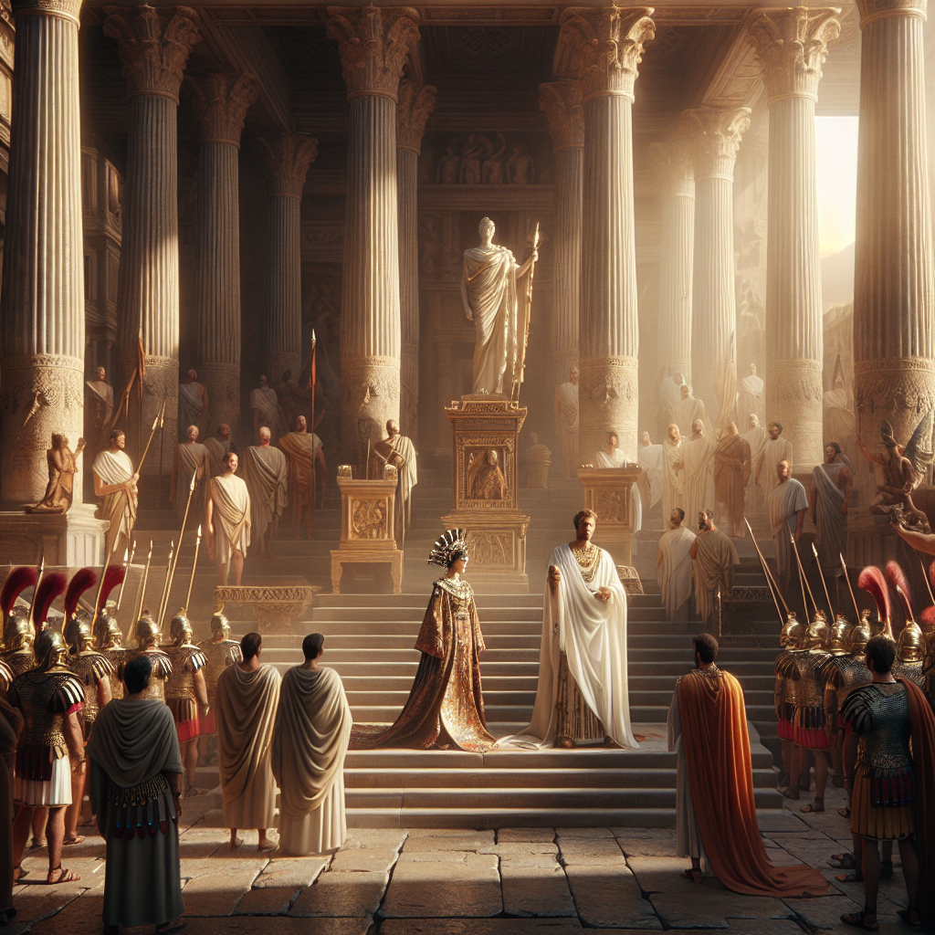Julius Caesar in a white toga and Queen Cleopatra in royal Egyptian dress stand together in the Roman Forum, surrounded by columns and advisors, depicted in a cinematic 1960s historical epic style.