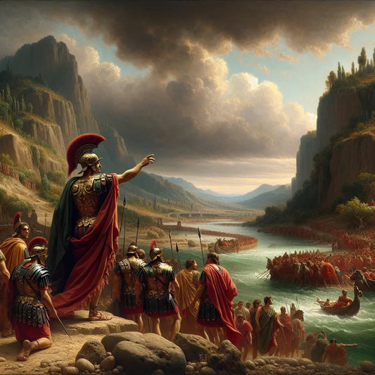 Julius Caesar leading Roman legionaries across the Rubicon River under dramatic skies, rendered in a cinematic 1960s historical epic painting style.