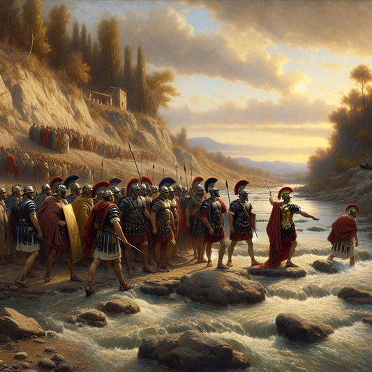 Julius Caesar heroically leading legionaries across the Rubicon River, marking a defiant moment that started the Roman civil war, depicted in a 1960s epic film style.
