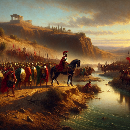 Julius Caesar on horseback crossing the Rubicon River with his legionnaires under warm morning light, set against ancient Roman hills and political tension inspired by 1960s historical cinema.