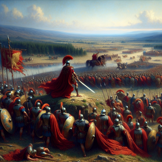 Julius Caesar leading Roman legions in segmented armor across a dusty battlefield in ancient Gaul, with red banners and wooded hills in the background, painted in a cinematic 1960s historical epic style.