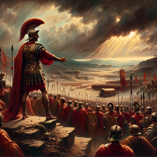 Julius Caesar heroically leading Legio III Gallica on an ancient Roman battlefield under a dramatic stormy sky, surrounded by armored soldiers and Roman standards, in the cinematic style of 1960s historical epics.