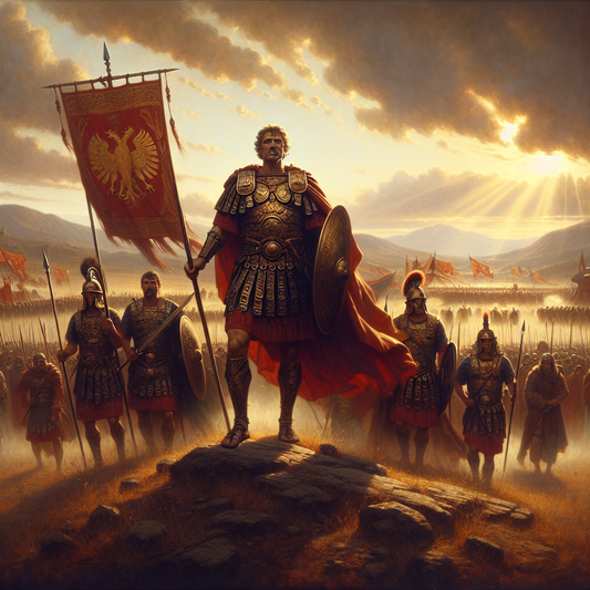 Julius Caesar leading Roman legions across a vast ancient battlefield, with banners fluttering under a dramatic sky, painted in a 1960s historical epic style.