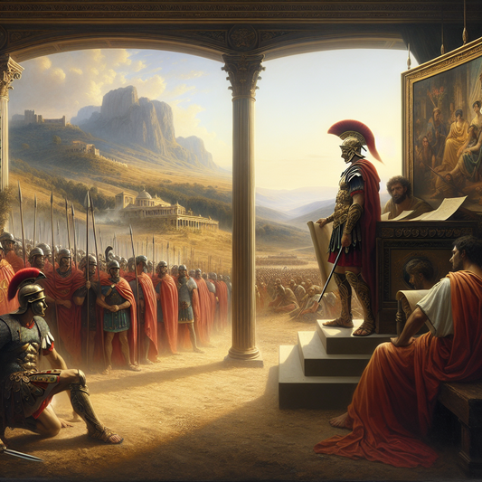 Julius Caesar addressing Roman troops with the Bull Legion standard on a sunlit battlefield, juxtaposed with Marcus Aurelius meditating in his imperial study, depicted in a 1960s historical epic painting style.