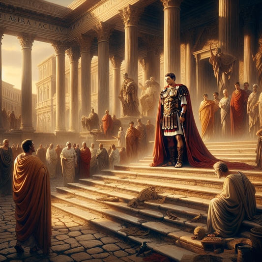 Julius Caesar in red cloak and armor stands on marble steps in the Roman Forum, surrounded by shadows symbolizing betrayal and stoic philosophers in togas observing behind him, in a cinematic 1960s historical film style.